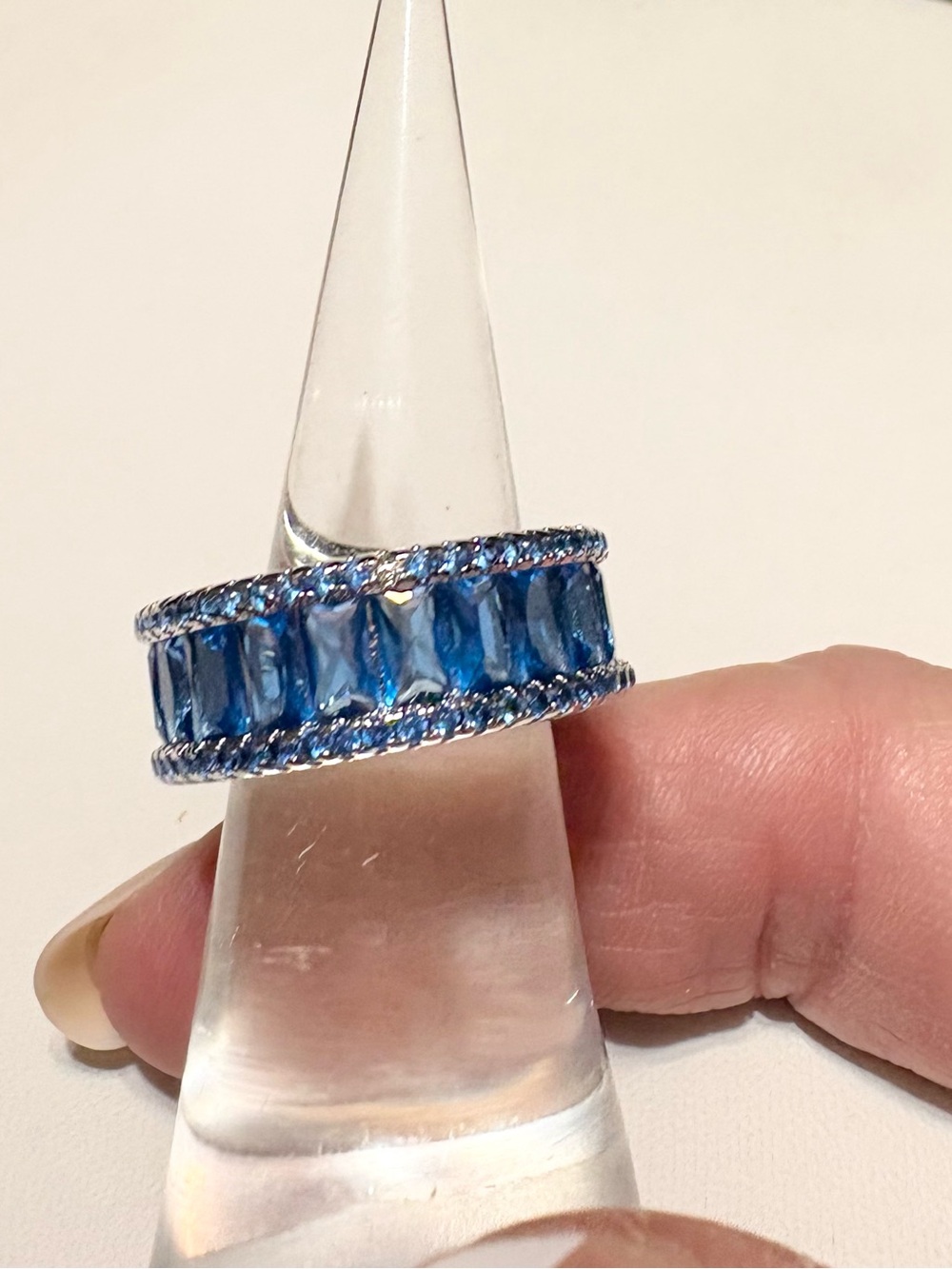 Blue Crystal Baguette Eternity Ring - Rhodium Plated size 7